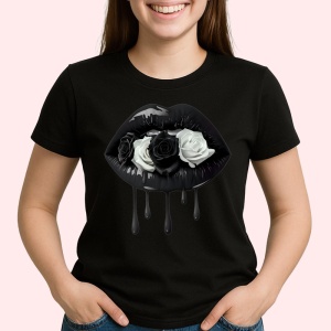 Tricou Buze femeie negre cu trandafir roz si negru, Lip gloss, Copii | Dama, culoare negru - Img 2