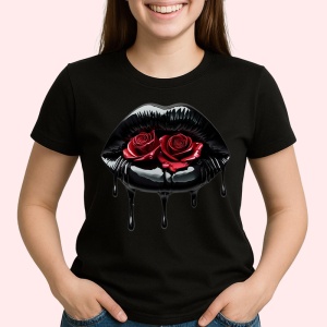 Tricou Buze femeie negre cu trandafiri turcoaz luminosi, Lip gloss, Copii | Dama, culoare negru - Img 2