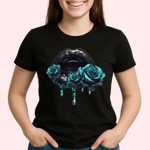 Tricou Buze femeie negre lucioase cu trandafiri albastru intens, Lip gloss, Copii | Dama, culoare negru