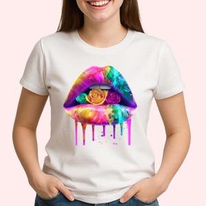 Tricou Buze femeie pictate cu trandafir multicolor, Lip gloss, Copii | Dama