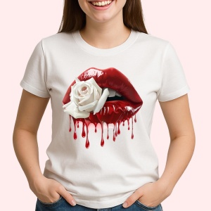 Tricou Buze femeie rosii cu trandafir alb contrastant, Lip gloss, Copii | Dama - Img 2