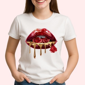 Tricou Buze femeie rosii cu trandafir alb si rosu, Lip gloss, Copii | Dama - Img 3