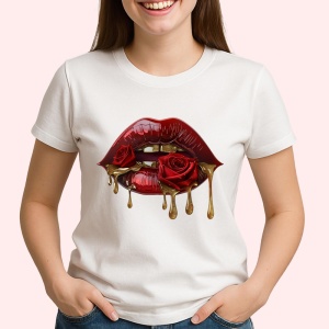Tricou Buze femeie rosu inchis cu trandafir alb cremos, Lip gloss, Copii | Dama - Img 2