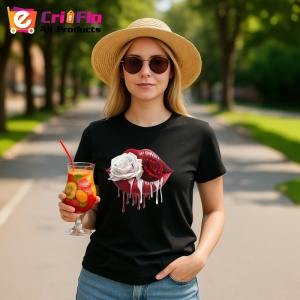 Tricou Buze femeie rosu si alb cu trandafiri duali, Lip gloss, Copii | Dama, culoare negru - Img 3