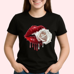 Tricou Buze femeie roz si auriu cu trandafiri roz pal, Lip gloss, Copii | Dama, culoare negru - Img 2