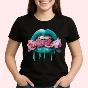 Tricou Buze femeie turcoaz cu 3 trandafiri roz pal, Lip gloss, Copii | Dama, culoare negru - Img 2