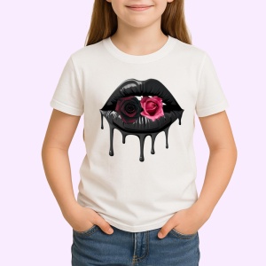 Tricou Buze negre cu trandafir roz inchis, Lip gloss, Copii | Dama - Img 2