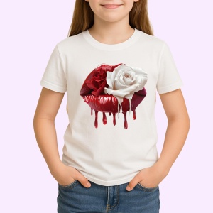 Tricou Buze rosu cu trandafir roz si lumina delicata, Lip gloss, Copii | Dama - Img 2