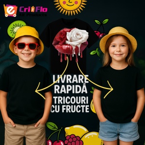 Tricou Buze rosu cu trandafir roz si lumina delicata, Lip gloss, Copii | Dama, culoare negru - Img 12