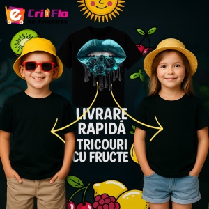 Tricou Buze turcoaz cu trandafiri roz pal, Lip gloss, Copii | Dama, culoare negru - Img 12