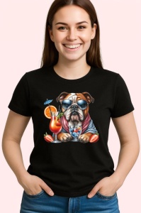 Tricou Caine bulldog englez cocktail portocala pahar vara, Copii | Dama | Barbat , tricou negru
