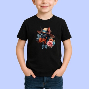 Tricou Caine doberman vara palarie ochelari soare floare, Copii | Dama | Barbat , tricou negru - Img 2