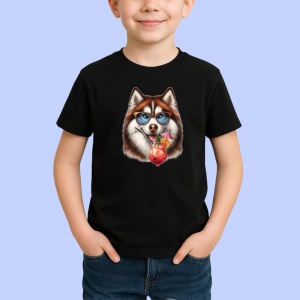 Tricou Caine husky ochelari cocktail roz cu floare, Copii | Dama | Barbat , tricou negru - Img 2