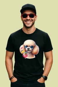 Tricou Caine pudel crem ochelari cocktail roz cu pai, Copii | Dama | Barbat , tricou negru - Img 4