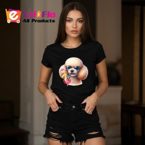 Tricou Caine pudel crem ochelari cocktail roz cu pai, Copii | Dama | Barbat , tricou negru