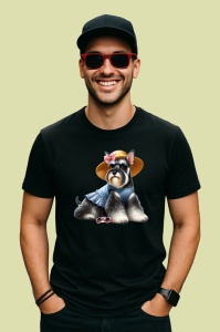 Tricou Caine schnauzer palarie paie camasa albastra vara, Copii | Dama | Barbat , tricou negru - Img 4