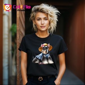 Tricou Caine schnauzer palarie paie camasa albastra vara, Copii | Dama | Barbat , tricou negru - Img 8