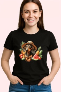 Tricou Caine teckel palarie pepene rosie porumb vara, Copii | Dama | Barbat , tricou negru - Img 3