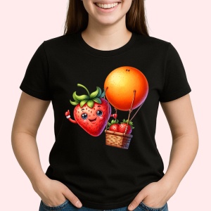 Tricou Capsuna amuzanta de vara cu balonul cu aer, Fructe, Copii | Dama, culoare negru - Img 2