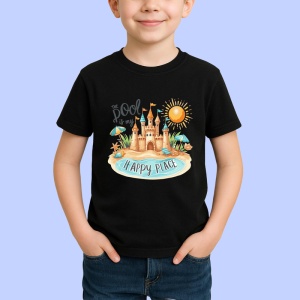 Tricou Castel de nisip cu soare text the pool is my happy place Copii | Dama | Barbat, negru - Img 3