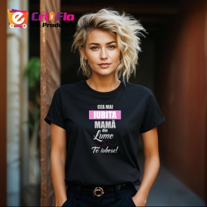 Tricou Cea Mai Iubita Mama Mesaj, din bumbac 100%, tricou negru, Dama | Barbat - Img 3