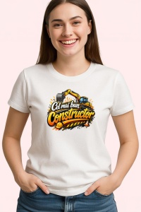 Tricou Cel Mai Bun Constructor Utilaj Galben V1, din bumbac 100% , tricou alb pentru Dama | Barbat - Img 2