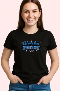 Tricou Cel Mai Bun Politist Insigna Albastra V1, din bumbac 100%, tricou negru Dama | Barbat
