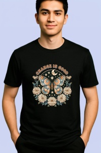 Tricou Change is good fluturi cu luna si flori design dark boho Copii | Dama | Barbat, negru - Img 2
