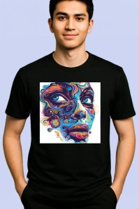 Tricou Chip feminin cu spirale psihedelice fundal alb Copii | Dama | Barbat, culoare negru - Img 2