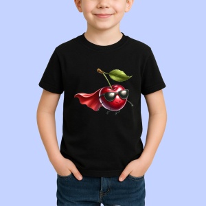 Tricou Cireasa de vara amuzanta super erou, Fructe, Copii | Dama, culoare negru
