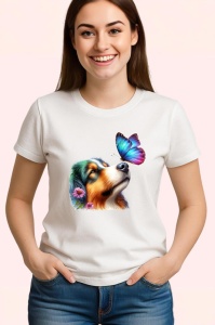 Tricou Collie australian cu fluture mov si roz pe nas design pastelat Copii | Dama | Barbat Barbat - Img 3