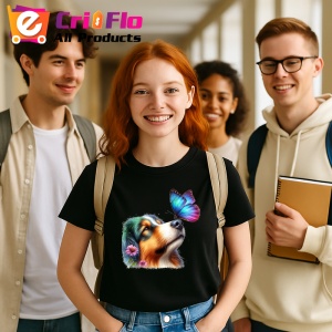 Tricou Collie australian cu fluture mov si roz pe nas design pastelat Copii | Dama | Barbat, negru - Img 11