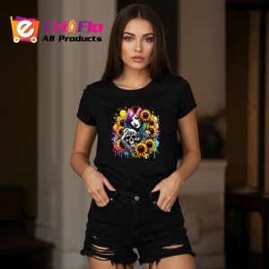 Tricou Colorful skull and girl sunflowers, fata si craniu colorat cu floarea soarelui, Copii | Dama | Barbat , tricou negru - Img 7