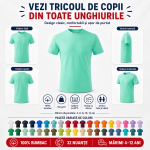 Tricou copii 100% bumbac,pentru fete și băieți 160 gm/², 32 nuanțe, mărimi 4–12 ani - Img 9