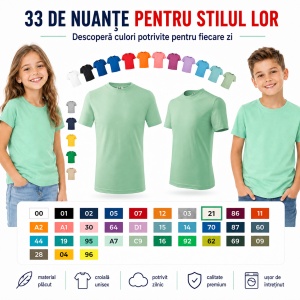 Tricou Copii Basic Malfini – 100% Bumbac, Mânecă Scurtă, 33 Culori pentru Fete și Băieți, Calitate Premium