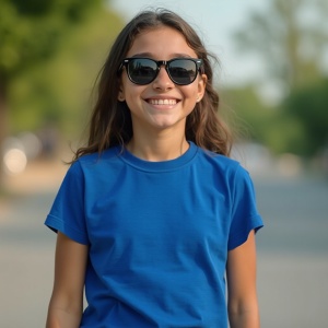 Copil purtând ochelari de soare și tricou albastru regal în aer liber
