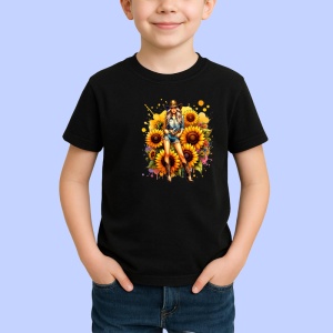 Tricou Cowgirl pose sunflowers background, cowgirl cu fundal floarea soarelui, Copii | Dama | Barbat , tricou negru - Img 2