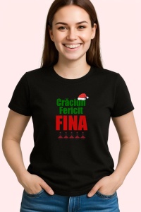 Tricou Craciun Fericit Fina Verde, din bumbac 100%, tricou negru, Dama | Barbat