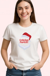 Tricou Craciun Fericit Mos Simplu, din bumbac 100%, tricou alb, Dama | Barbat