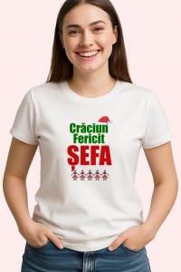 Tricou Craciun Fericit Sefa Verde, din bumbac 100%, tricou alb, Dama | Barbat