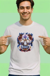 Tricou Craniu albastru mov si flori colorate fundal alb Copii | Dama | Barbat - Img 2