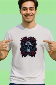 Tricou Craniu cu flori negre si trandafiri fundal alb Copii | Dama | Barbat - Img 2