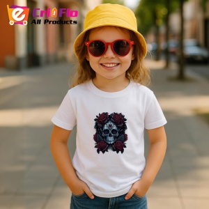 Tricou Craniu cu flori negre si trandafiri fundal alb Copii | Dama | Barbat - Img 11