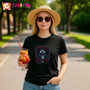 Tricou Craniu cu flori negre si trandafiri fundal alb Copii | Dama | Barbat, culoare negru - Img 7