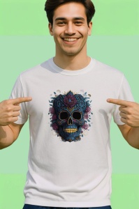 Tricou Craniu cu flori tropicale si bandana fundal alb Copii | Dama | Barbat - Img 2
