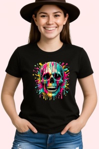 Tricou Craniu inflacarat cu pete de vopsea fundal alb Copii | Dama | Barbat, culoare negru - Img 3