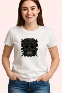 Tricou Craniu negru elegant cu flori aurii fundal alb Copii | Dama | Barbat - Img 3