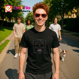 Tricou Craniu negru elegant cu flori aurii fundal alb Copii | Dama | Barbat, culoare negru - Img 5