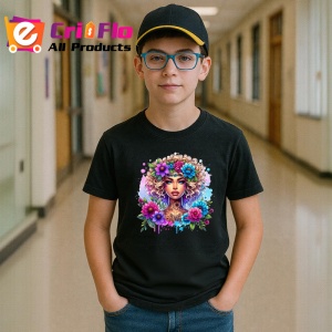 Tricou Curly blonde floral crown girl, fata blonda creata cu coronita florala, Copii | Dama | Barbat , tricou negru - Img 6