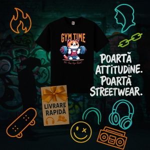 Tricou Cute Cat Gym Time Graphic Negru, Copii | Dama | Barbat - Img 8